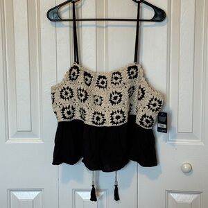 Lucky Brand Black and Cream Crochet Crop Top